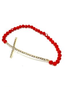 Red Beaded Rhinestone Cross Bracelet