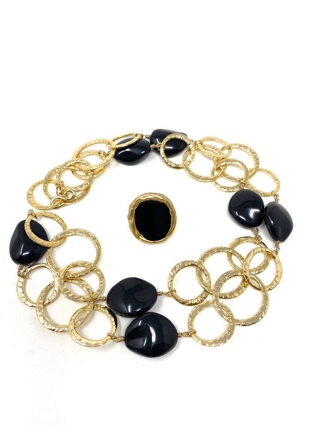 Black Stone Gold Chain Necklace and Matching Ring Set