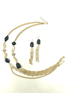 Leafy Black Onyx Long Necklace and Earring Set