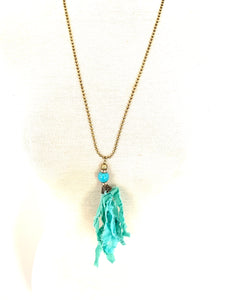 Turquoise Fabric Tassel Necklace