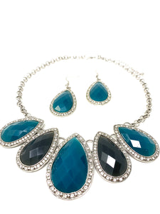 Faux Aquamarine Tear Drop Necklace and Earring Set