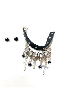 Black Onyx Silver Tone Cross Bracelet and Stud Set