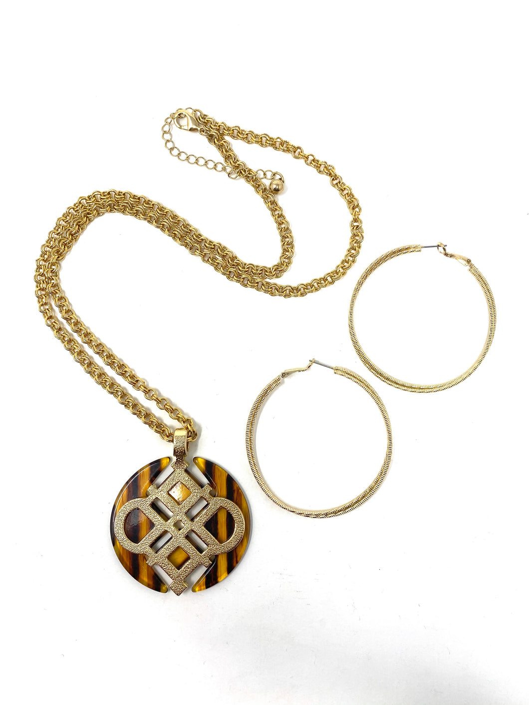 Tortoise Shell and Gold Design Necklace and Hoop Earring Set