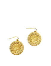 Load image into Gallery viewer, Golden Fleur De Lis Coin Drop Earrings
